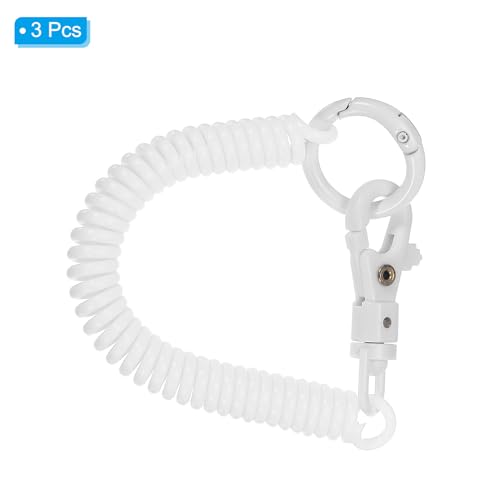 Retractable Coil Spring Keychain, 3 stuks, Anti-Lose met kunststof karabijnhaak voor sleutels en portemonnee, wit, wit 3