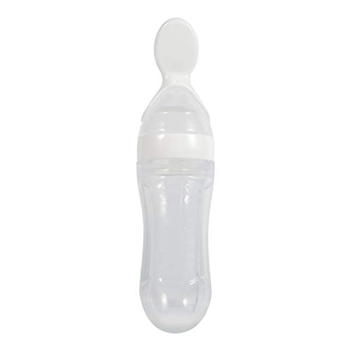 Graanvoederfles, 1Pc 90mL Siliconen peuter Voeden fles met lepel vers voedsel graan Squeeze Feeder Hot(White)