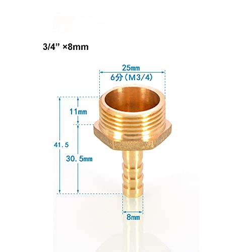 3PCS Solid messing slang staart connector Barbed Draad naar BSP Man Thread 8mm tot 3/4" voor lucht water brandstofolie gas