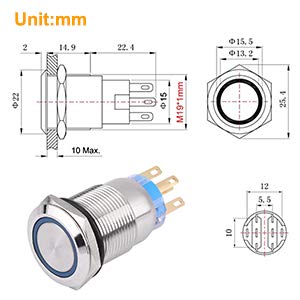 Zelfvergrendelende knop 19mm 12V LED waterdichte Roestvrij Zelfvergrendelende drukknopschakelaar aan/uit slotknop 1NO1NC (blauw)-12V Waterdichte knop 5