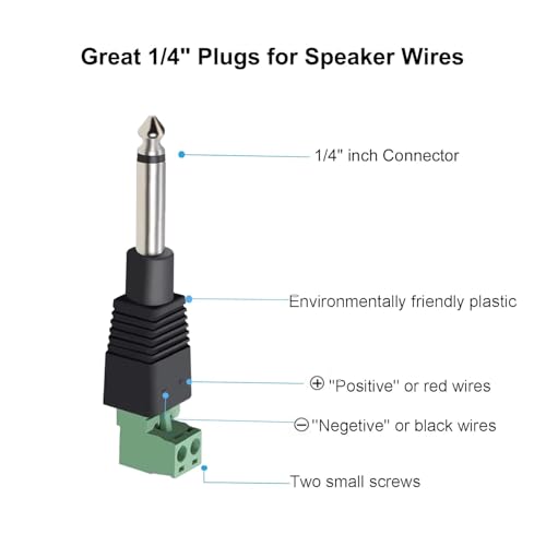 6 st. 6.35mm TS-plug op schroefterminal, 1/4" TS Mono Audio Terminal zonder solderen voor luidsprekermicrofoon, 6.35mm 2-Pin Plug om Terminal Strip te schroeven 3