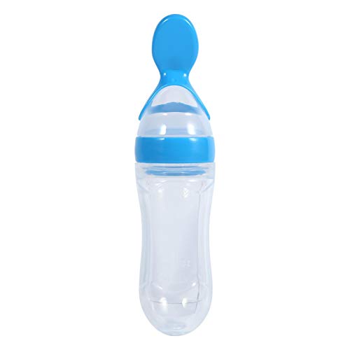 90ml Siliconen Voeden Fles Lepel Kind Voeder met Standing Base voor baby 0-24 Maanden Dosering en Voeden(Blauw)