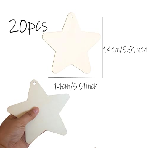Verpakking van 20 grote houten poinsettia's voor opknoping 14 cm met touw, houten ster voor decoratie, handgemaakt voor kerstboom decoraties (grote sterren)