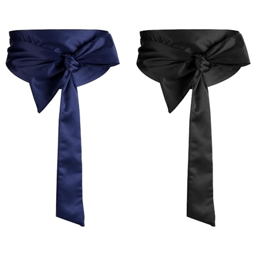 Dames Satijnen Belt, 2 stuks, zwart en marine blauw, 9.5x250cm, elastische sash voor bruiloft, feest, cosplay, zwart, marine blauw, S, zwart, marine blauw