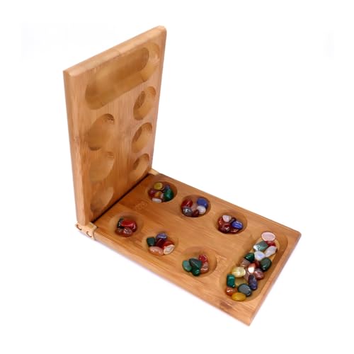 Sea Mancala Bordspel Set Kalaha Board Game met opvouwbare spelbord Natural Stone Pebbles Families Houten Board Games Mancala Games Strategisch spel voor kinderen en volwassenen
