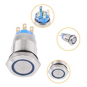 Zelfvergrendelende knop 19mm 12V LED waterdichte Roestvrij Zelfvergrendelende drukknopschakelaar aan/uit slotknop 1NO1NC (blauw)-12V Waterdichte knop 4