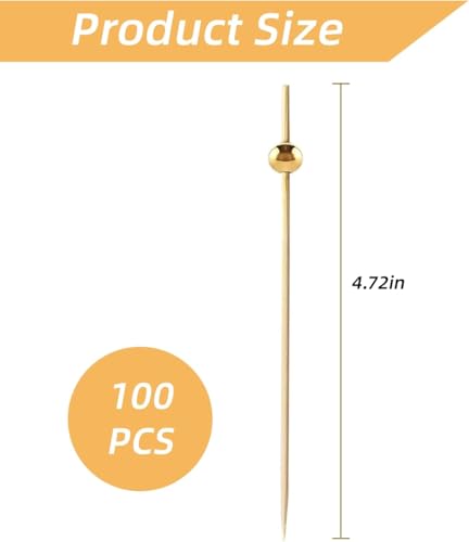 Verpakking van 100 Gold Pearl Cocktail Skewers, 12 cm Finger Food Skewers, Houten Skewers voor snacks Finger Food, Interessante Fruit Skewers, Gold Ball Decorations, Cheese Skewers, voor Finger Food, Fruit