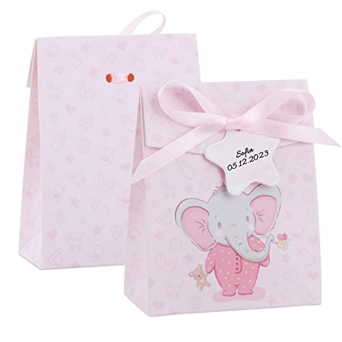 50 Olifant Cadeaudozen 8 x 4 x 10 cm Kleine tassen Roze Candy Cookies Chocolade voor Party, Communie, Doop, Baby Douche, Kinderfeest met Cord Labels