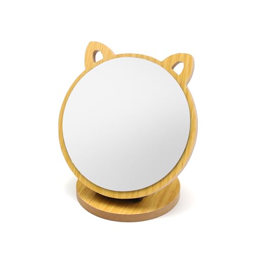 Opvouwbare spiegel, verstelbare hoek, cosmetische spiegel, Kattenoorvorm, Spiegel voor kinderen, Tafelspiegel met houten basis voor slaapkamer, woonkamer, badkamer