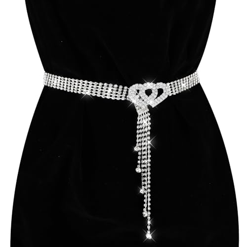 Rhinestone Belt met hartenriem, Diamond Waist Belt Crystal Waist Chain Belt Waistband voor dames Jurken, Zilver, One Size