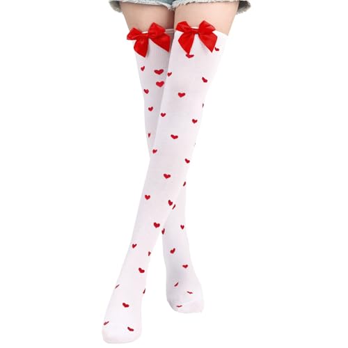 1 paar witte hoge hoge sokken rode hart knie hoge sokken met Bows Opaque Over knie witte sokken voor vrouwen Valentijnsdag Kerst Halloween Party Gifts, White & Red, 37-40 EU, wit & rood