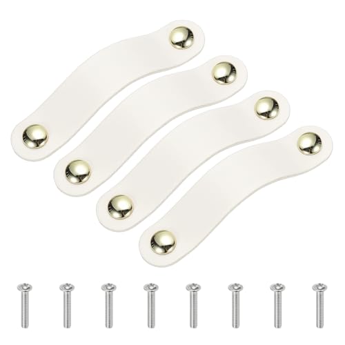 Lederen Lade Pulls, 4 stuks Lederen Handvat Dubbele Hole Cabinet Dresser Knobs met Schroef voor Badkamer Keuken Dresser Kabinetdeur, Wit