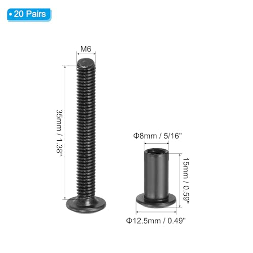 M6*35mm Hex Chicago Schroeven, 20 Sets Bindende Schroeven, Connection Hex Drive Bushing, Hood, Bolt Nuts voor Scrapbook Lederen Strap Foto Meubilair Reparatie Zwart