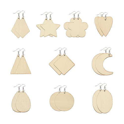 100 st Houten oorbellen Hangers 10 stijlen Teardrop Driehoek Ster onvoltooide knippen Houten hangers met Jump Rings oorbellen haken voor sieraden maken