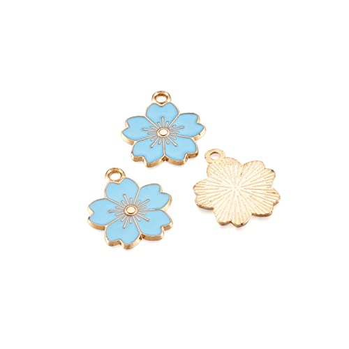Light Sky Blue Flower Charm Enamel Legering Light Gold Plated Metal Charm Hanger voor ketting armband oorbellen sieraden Set van 10, niet-edel metaal