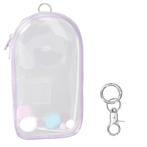 Display Tas voor poppen, 19,5 x 10,5 cm Waterdicht PVC Draagtas met poms en sleutelhanger Transparante figuur Display Bag voor Doll (Paars)