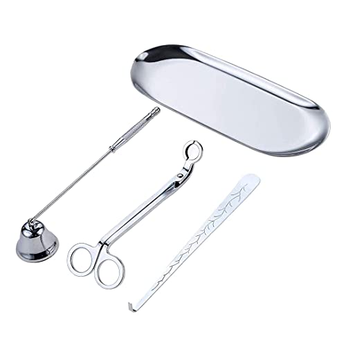 Zee 4-Piece Accessoire Set voor Kaarsen, Trimmer voor Wick, Lepel, Kaarsenblusapparaat en Platen voor Fuse (Zilver)