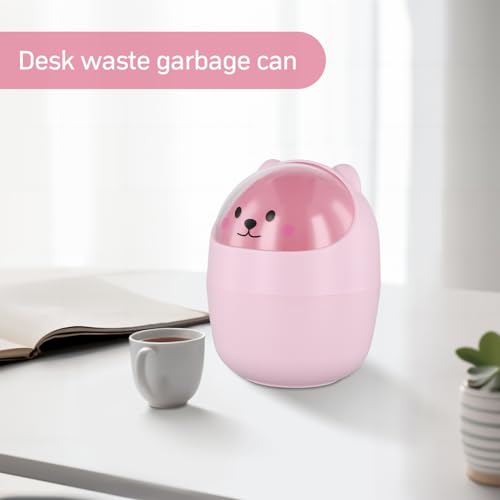 Bureaumand, Mini Light afvalbak, Draagbare kleine plastic tafelmand met deksel, verwijderbare penhouder, schattig (Roze) 4