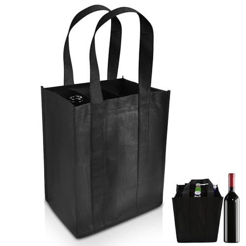 6 Compartiment wijn tote zak, Fleece Wine Travel Bag, Shopping Bag, Portable Wine Bottles, Cadeautas, Wijnfles houder zak met draaghandvat voor Picknick wijnliefhebbers, zwart, 31 x 25 x 18 cm