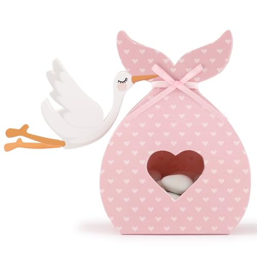 Verpakking van 50 Holk Cadeaudozen voor Geboortemeisjes - Pink Stork Cadeaudoosje met lint Cadeauverpakking Decoratie voor Party, Geboorte, Doop, Verjaardag, Meisje