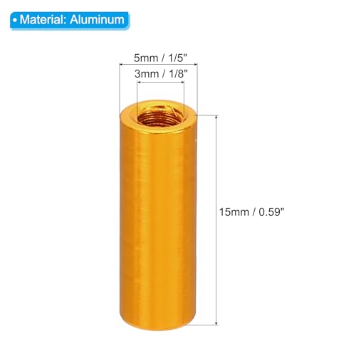 M3 Aluminium Spacers, 12Pcs Metaal Spacer Aluminium 3mm ID x 5mm OD x 15mm L Threaded Spacer Screw Standoff Ronde voor RC Auto Drones Moederbord, Goud