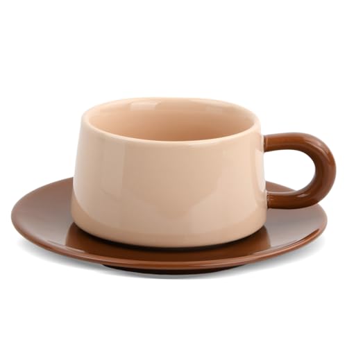 Koffie Beker 220 ml Set van Beker en Saucer, Koffie Bekers en Cappuccino, Middag Thee Beker, Ontbijt Bekers, Keramische, Espresso Bekers met Handvat voor Melk, Moka (Donker Bruin)