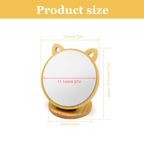 Opvouwbare spiegel, verstelbare hoek, cosmetische spiegel, Kattenoorvorm, Spiegel voor kinderen, Tafelspiegel met houten basis voor slaapkamer, woonkamer, badkamer