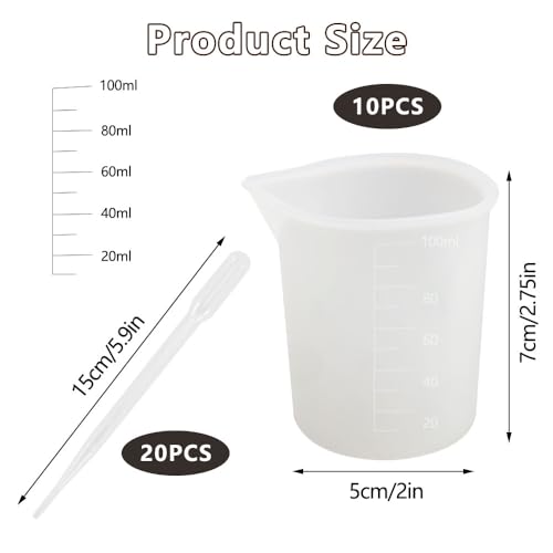Verpakking van 10 Siliconen meetbekertjes, 100 ml Siliconen beker voor het uitgieten, Siliconen bekers Non-Stick Mixing Cup, Siliconen Epoxy Resin Cup met 20 Pipetten voor DIY Crafts