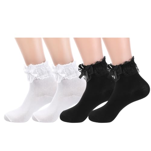 2 paar vrouwen ruches sokken wit en zwart Lace ruches enkelsokken katoen leuke prinses ruches sock voor meisjes peuter Frilly jurk
