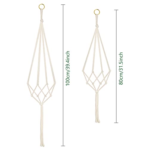 Verpakking van 4 katoen Touw Macrame Plant Hangers met metalen Ring Tassels voor binnen en buiten decoratie, 2 x 80 cm + 2 x 100 cm, met 4 S haken