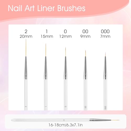 Microtype Nagel penseelset, 10 stuks dun nagelborstel, transparante handgreep, vingernagelborstel, patroonontwerp, tekengereedschap voor details, fijne stippen, 7/9/12/18/24 mm
