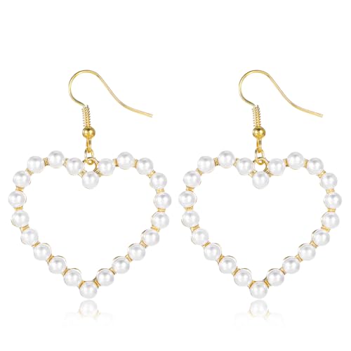 Parel oorbellen voor vrouwen White Plated Hart Hoop oorbellen Drop Dangle Verklaring Oorbellen Lange Ketting Tassel sieraden voor vrouwen meisjes Valentijnsdag Kerst bruidsbruiloft, zinklegering, zink