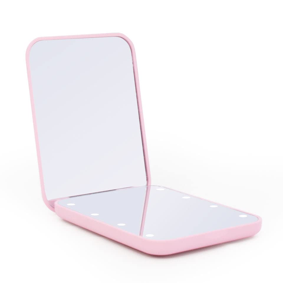 Mini LED Pocket spiegel, kleine make-up spiegel met licht, compact, opvouwbaar, dubbelzijdige rechthoek, roze