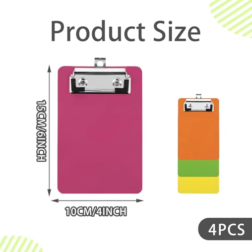 Pak van 4 klembord klembord A6 Plastic klembord klein met rubber metalen klem en hangoog, draagbare klemborden voor kantoor, werkplaats, keuken, 15 x 10 cm (oranje, rood, geel, groen)