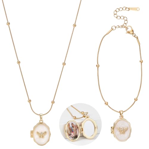 2 stuks roestvrij stalen ketting armband set, Vlinder foto Locket Charm met messing Micro Pave CZ Geheugen Keepsake sieraden voor bruiloft verjaardag verjaardag cadeau, Golden