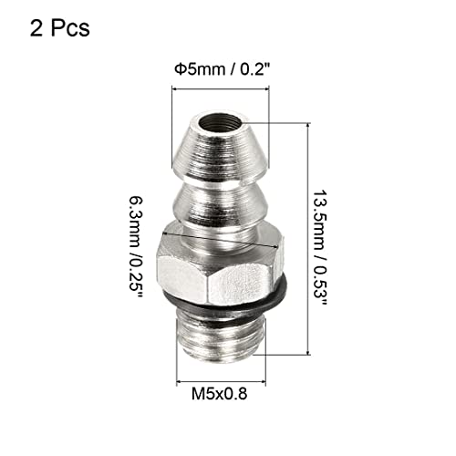 Slang Barb Montage Straight 5mm Barbed Wire M5x0,8 Mannelijke draad, 2 verpakkingen gegalvaniseerd Koperen Mini Pipe Connector, Zilver