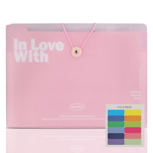 Uitbreidbare documentmap, Accordeon Document Map met label, Plastic A4 File Organizer met 12 Compartiments, A4 Opvouwbare documenthouder voor thuis, School, Office (Pink)