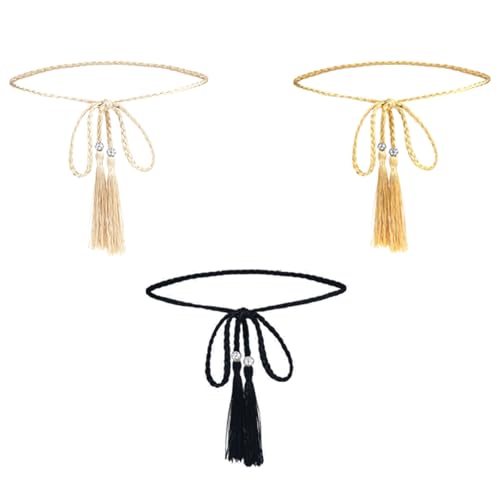 3 vrouwen riemen gevlochten dunne taille riem mode Dun gevlochten gevlochten taille skinny riem gevlochten riem geweven Tassel kralen riem voor rok jurk vrouwen meisjes (3 kleuren),, multicolour