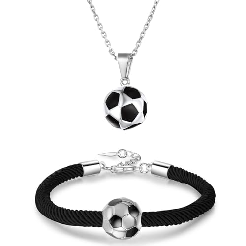 Voetbal armband en voetbal ketting voor jongens tieners, Mode verstelbaar gevlochten voetbal armband Voetbal Roestvrij stalen ketting Voetbal Cadeaus voor jongens, Nylon roestvrij staal
