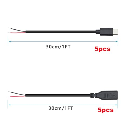 10PCS USB C Plug Pigtail Cable, 22AWG 5V 3A tot 2 Pin Blanco Draad, 2-Wire Extension Cable, Solderen voor DIY (25cm)