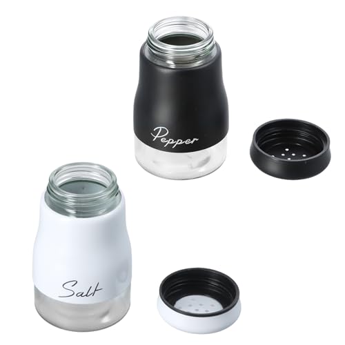 2 stuks roestvrij staal Zout Pepper Shaker Sets, Navulbare zout- en peperpotten, 120ml met helder glas bodemzout Pepper Shaker Cruet Sets voor Keuken, Barbecue, Restaurant, Camping(Zwart & White)