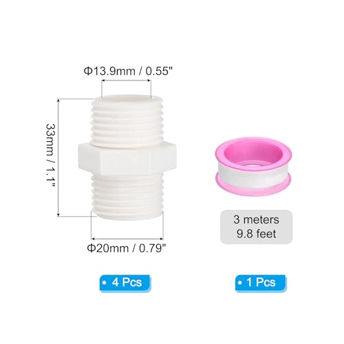 Pvc Pipe Fittings G 1/2, 4 st Man tot man Thread Coupling Adapter Hex Straight Connector met loodgieterslint voor water Tanks, Wit