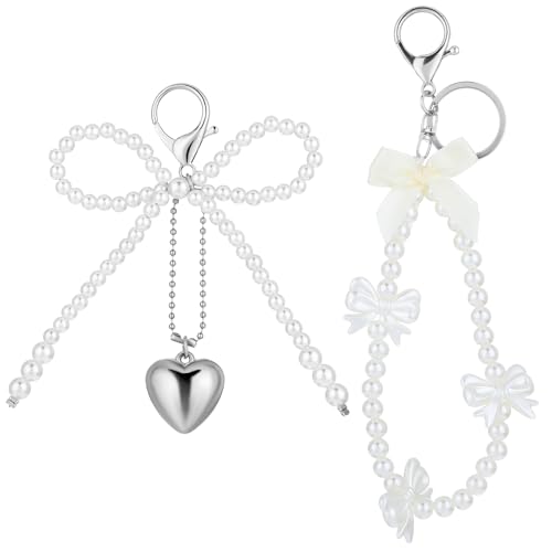 2 stuks Pearl Arch Y2K sleutelhanger voor vrouwen, tas hanger esthetische Y2K Bow sleutelhanger, zak hanger, schattige parelboog sleutelhanger voor portemonnee, wit