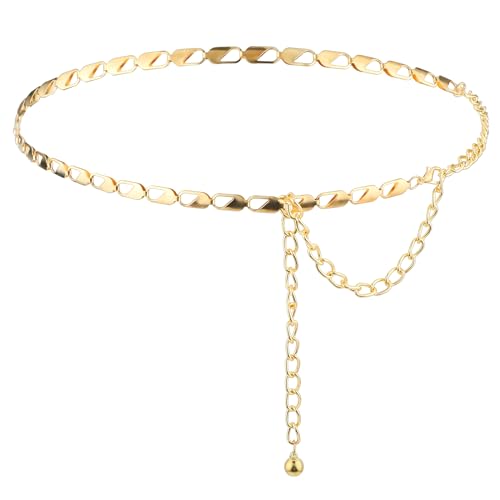 Women Metal Waist Chain Belt, Verstelbare broek ketting Link body meisjes broek lange riem voor Jeans broek jurk (Goud)