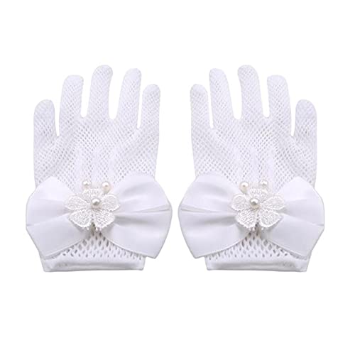 Meisjes korte elegante satin Bow Fishnet handschoenen gaten pols lengte handschoenen voor bloemen meisjes 5