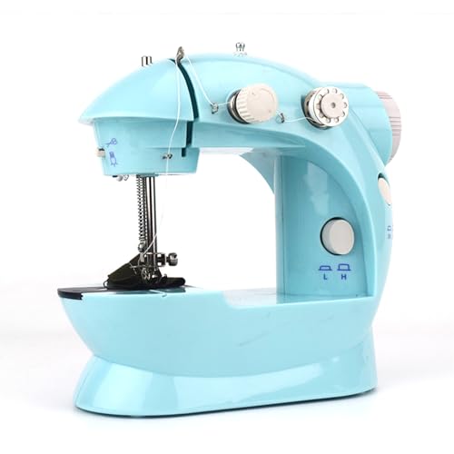 Mini-naaimachine, huishoudelijke elektrische mininaaimachine met uitbreidingstabel, voetpedaal, 202A, dubbele lijn, dubbele snelheid automatische draagbare naaikit (blauw)