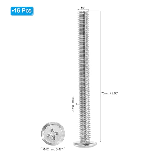 Lenskopschroeven, platte Pound Head, Phillips Schroeven, Pack van 8, M6-1x75mm, Machine Schroeven, 304 roestvrij staal, 18-8, Volledige draadset voor reparatie, Zilver