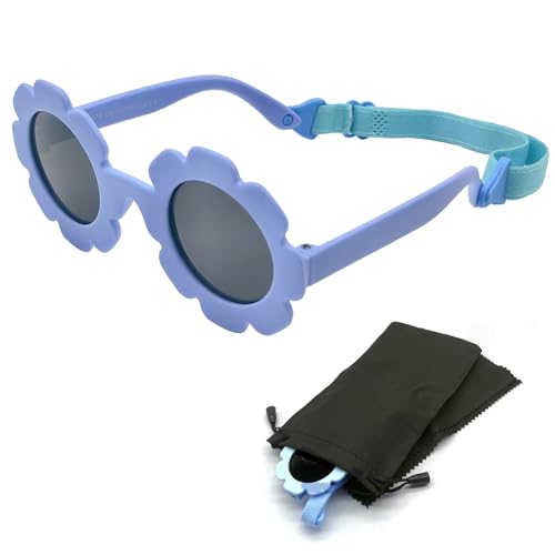 Baby Zonnebril, Leuke Bloem Kinder zonnebril met verstelbare armband, Flexibele Polarised, Meisjes Zonnebril voor pasgeborenen, 0-24 maanden met zak, zonnebril en doek