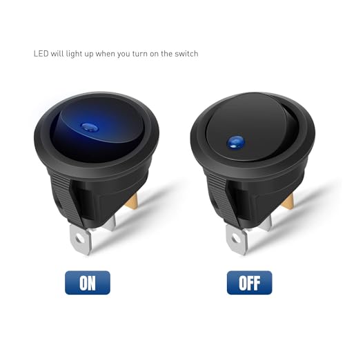 Verpakking van 5 LED Light Switch Ronde Blue Rocker Switch 12V Ronde Knop 12V LED Rocker Switch Waterdichte Ronde 2-Way SPST 3-Pin met Case 5