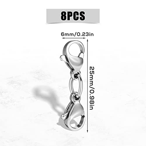 8 st Dubbele Carabiner sluiting Extenders, Roestvrij staal 2.5cm sieraden Lobster sluiting Dubbele Claw Connector voor ketting armband sieraden maken (Zilver)